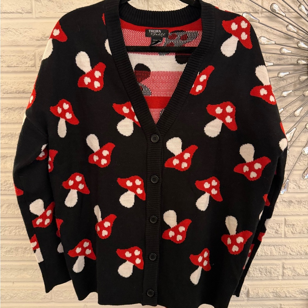 Black Cardigan with Red Mushroom Pattern